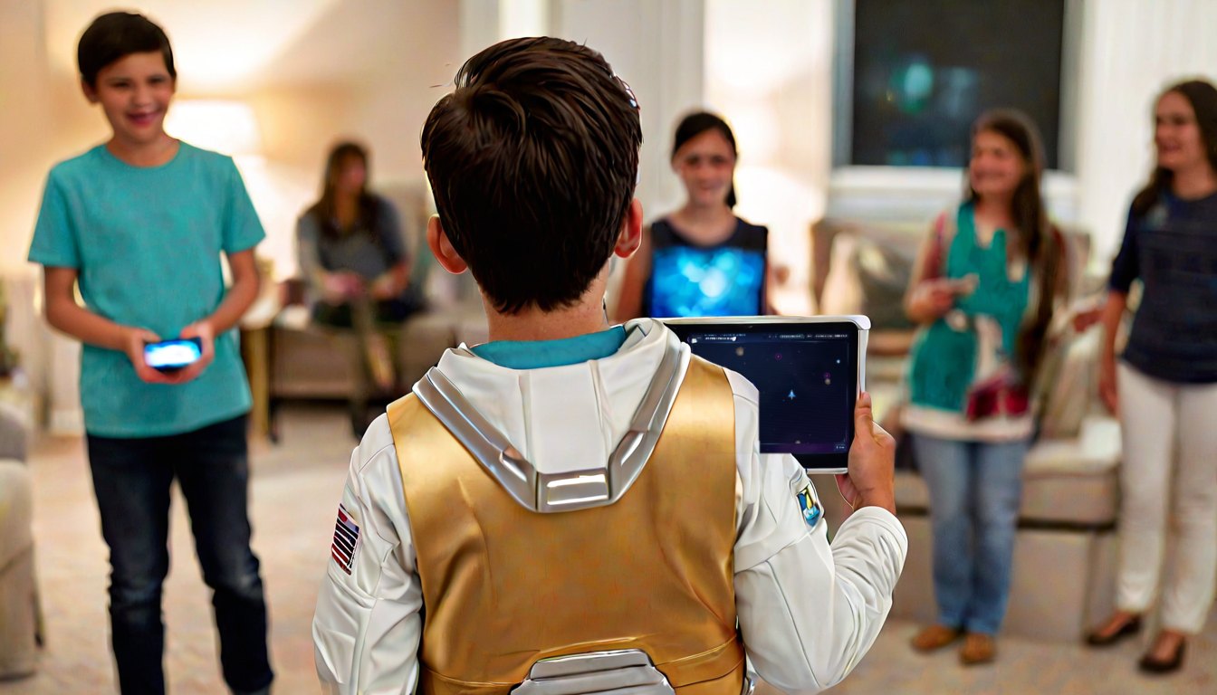 The birthday child playing the Commander's game on a tablet