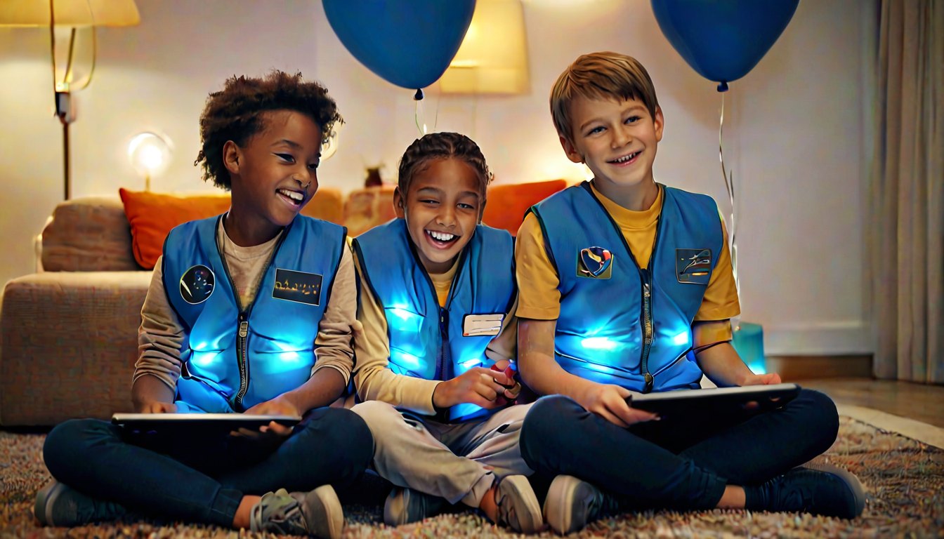 Three guests of the blue crew playing on their tablet
