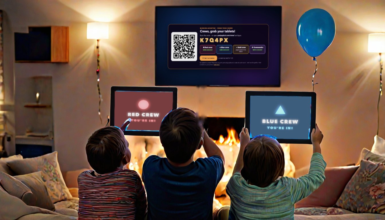 Guests hold up tablets that just joined their crews from the code on the TV